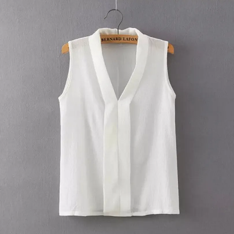 Women's Colourful V Neck Chiffon Blouses Cute Sleeveless Shirts Casual Slim Brand Tops