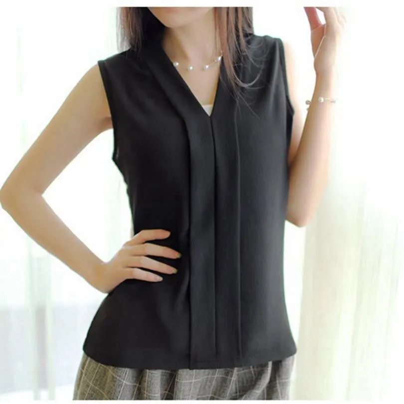 Women's Colourful V Neck Chiffon Blouses Cute Sleeveless Shirts Casual Slim Brand Tops