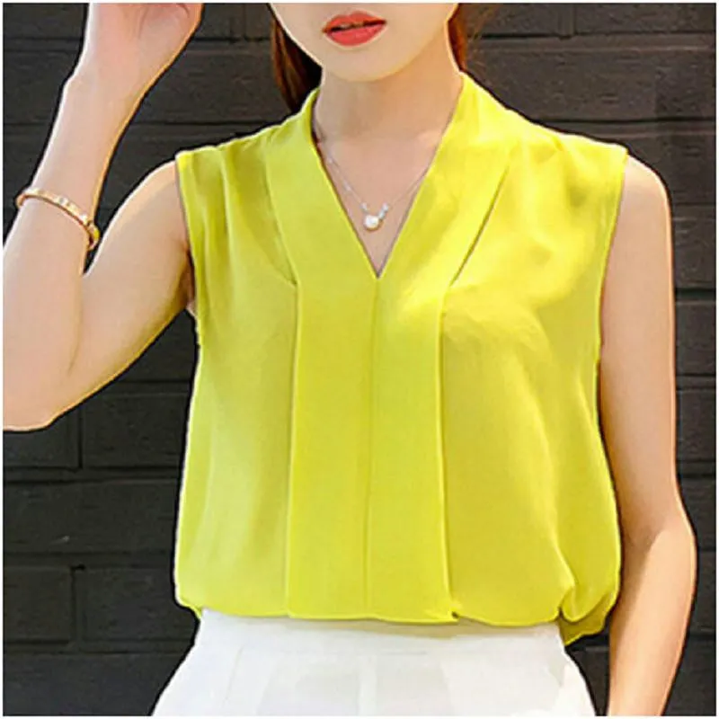 Women's Colourful V Neck Chiffon Blouses Cute Sleeveless Shirts Casual Slim Brand Tops