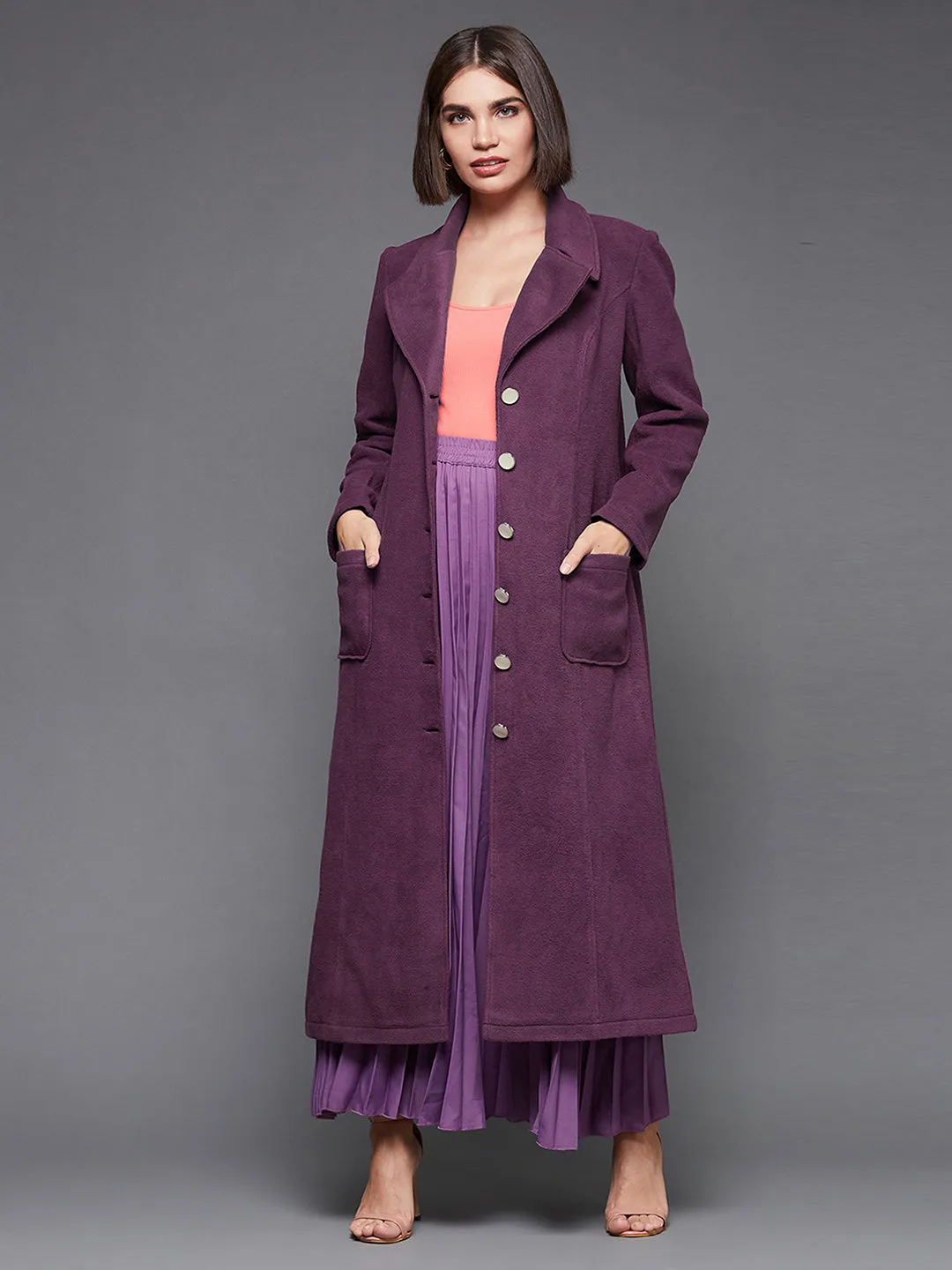 Women's Dark Mauve Solid V-Neck Full Sleeves Patched Pocket Polyester Button Down Longline Blazer Jacket