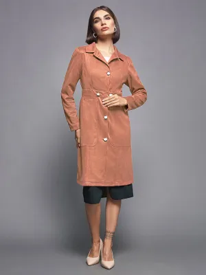 Women's Dusty Peach Shirt-Collar Full Sleeves Solid Button-down Longline Polyester Blazer Jacket