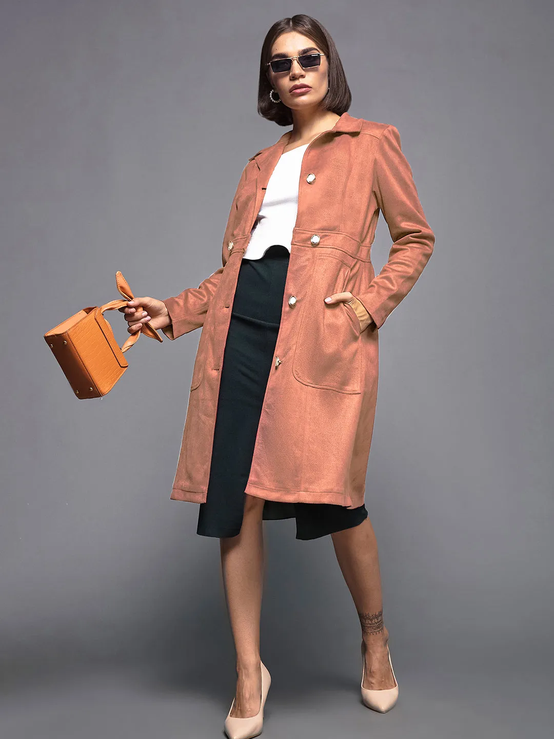 Women's Dusty Peach Shirt-Collar Full Sleeves Solid Button-down Longline Polyester Blazer Jacket