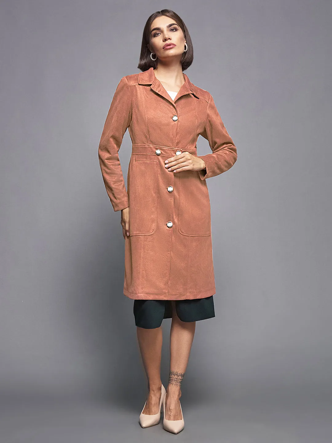 Women's Dusty Peach Shirt-Collar Full Sleeves Solid Button-down Longline Polyester Blazer Jacket
