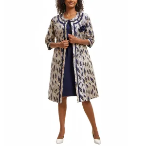Women's Formal Church Dress Suit with Embossed Embroidery Long Jacket Church Set for Special Occasions or Wedding Parties Blue