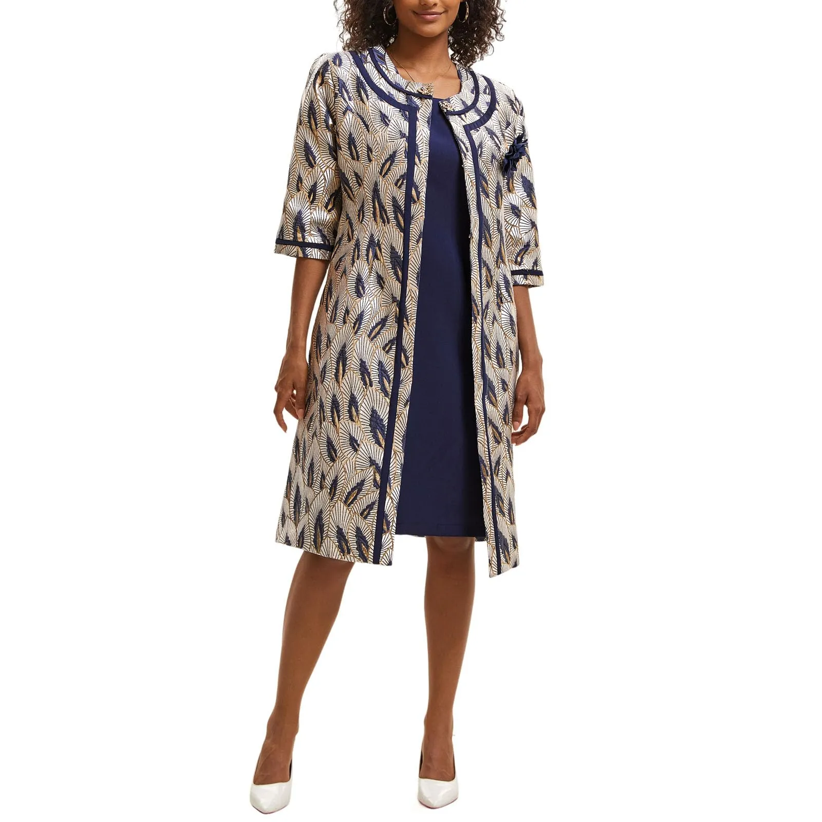 Women's Formal Church Dress Suit with Embossed Embroidery Long Jacket Church Set for Special Occasions or Wedding Parties Blue