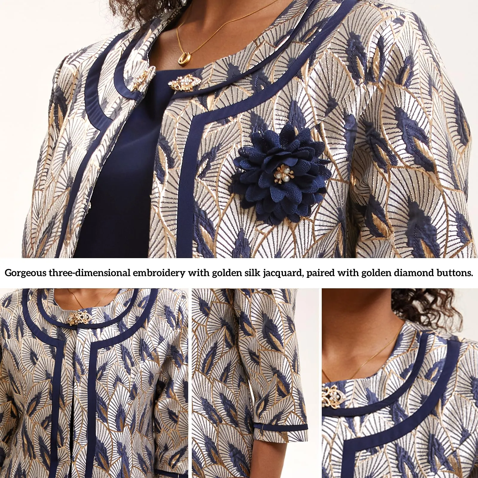 Women's Formal Church Dress Suit with Embossed Embroidery Long Jacket Church Set for Special Occasions or Wedding Parties Blue