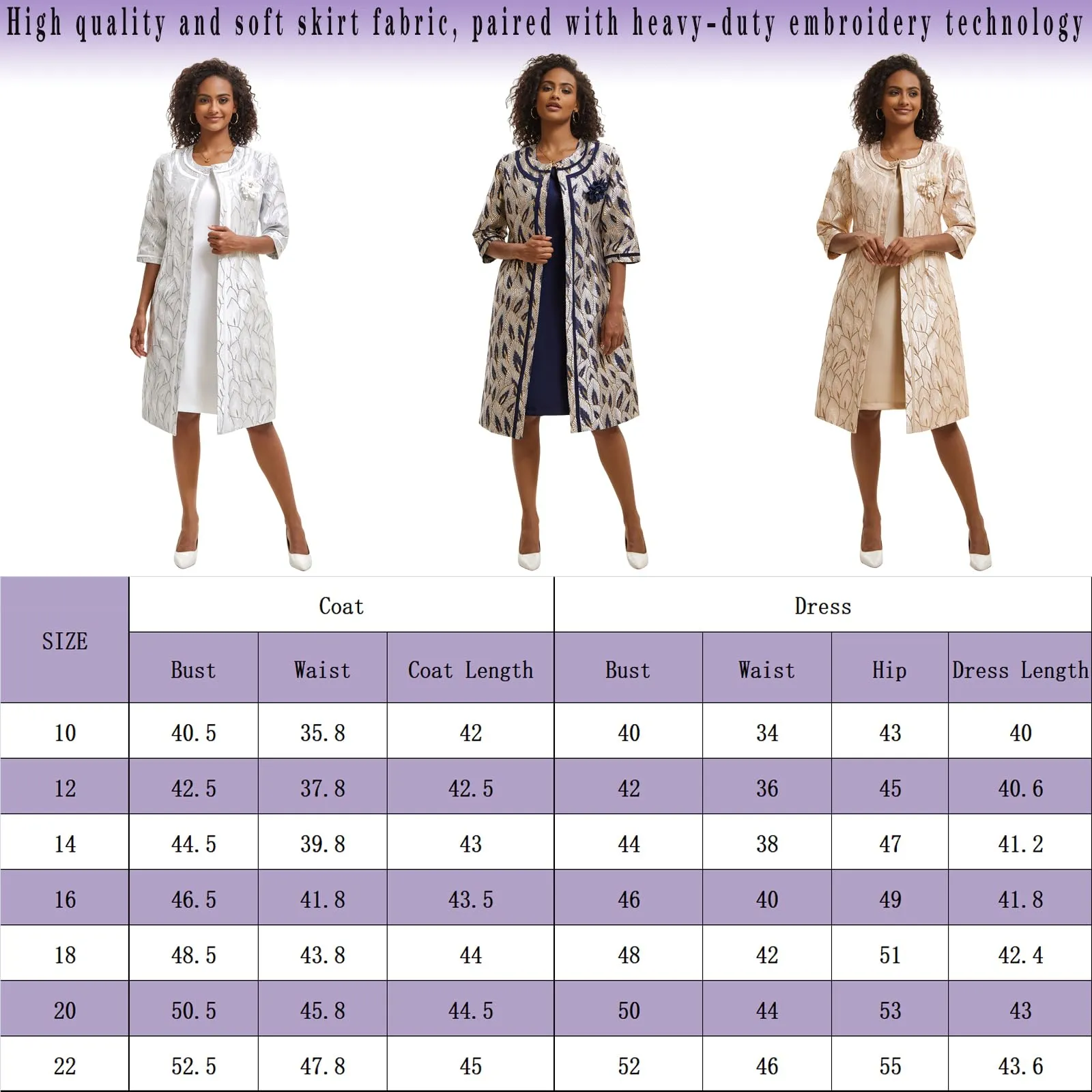 Women's Formal Church Dress Suit with Embossed Embroidery Long Jacket Church Set for Special Occasions or Wedding Parties Blue