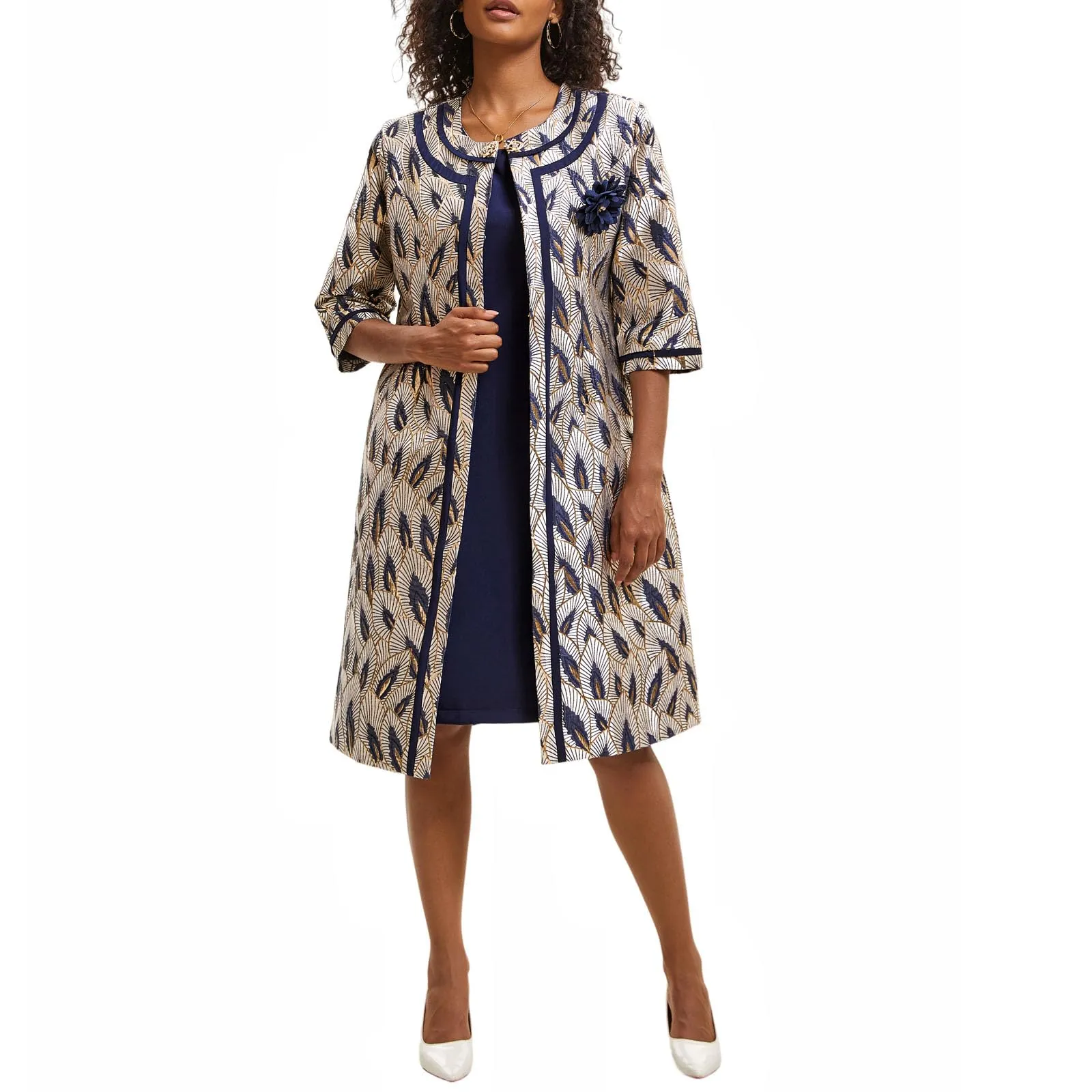 Women's Formal Church Dress Suit with Embossed Embroidery Long Jacket Church Set for Special Occasions or Wedding Parties Blue