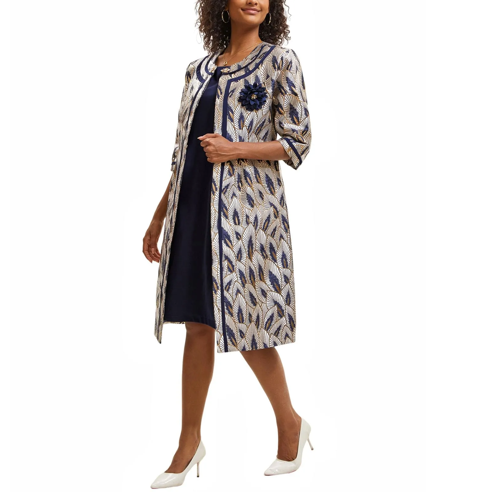 Women's Formal Church Dress Suit with Embossed Embroidery Long Jacket Church Set for Special Occasions or Wedding Parties Blue