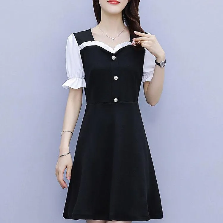 Women's High-elastic Short-sleeved Summer Fake Two-piece Waist Large Size Temperament Dress