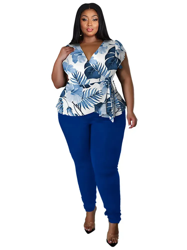 Women's Plus Size 2-Piece Pant Sets Spring/Summer Printed Top Solid Matching Leggings Pant Suits
