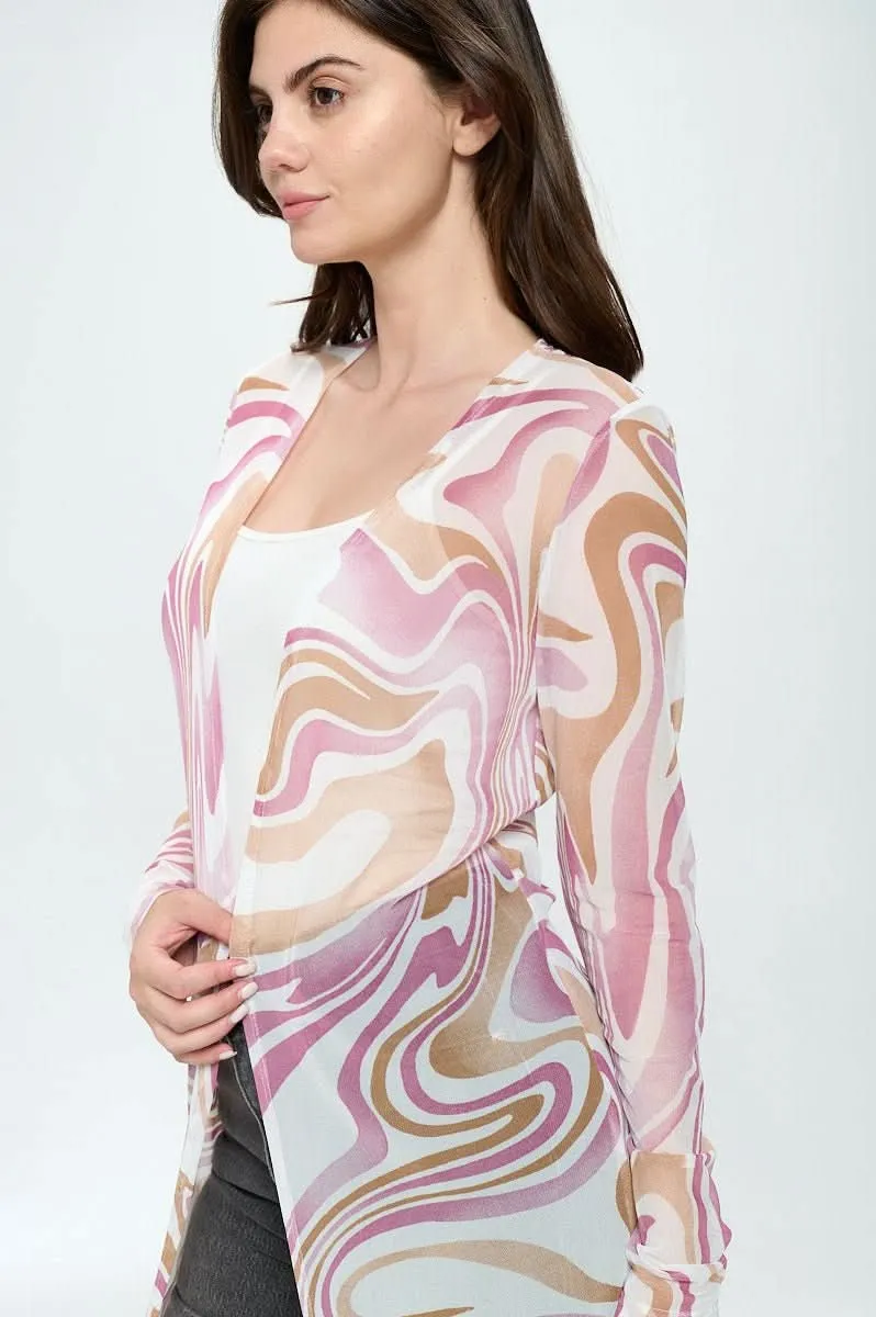 Women's Sheer Longline Cardigan with Retro Swirl Print