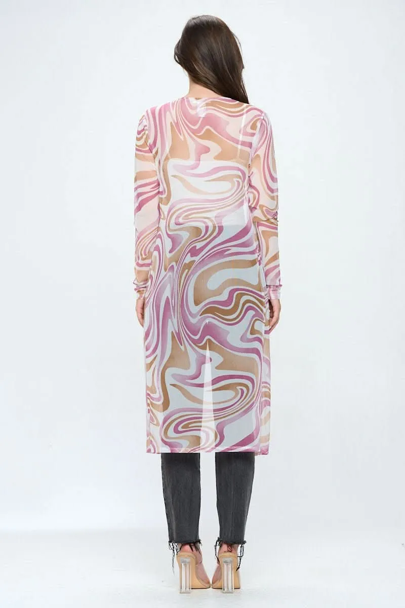 Women's Sheer Longline Cardigan with Retro Swirl Print