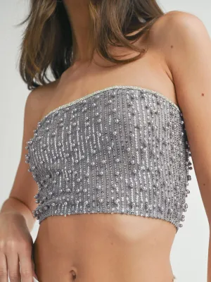 WOMEN'S SLEEVELESS SEQUINS PEARL TUBE CROP TOP