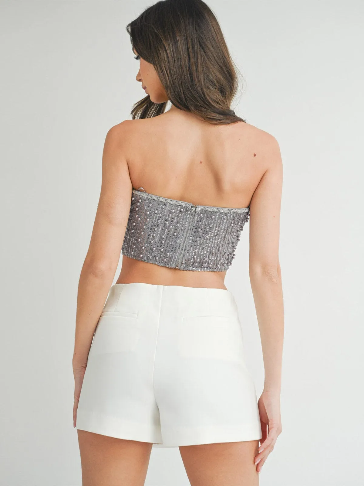 WOMEN'S SLEEVELESS SEQUINS PEARL TUBE CROP TOP