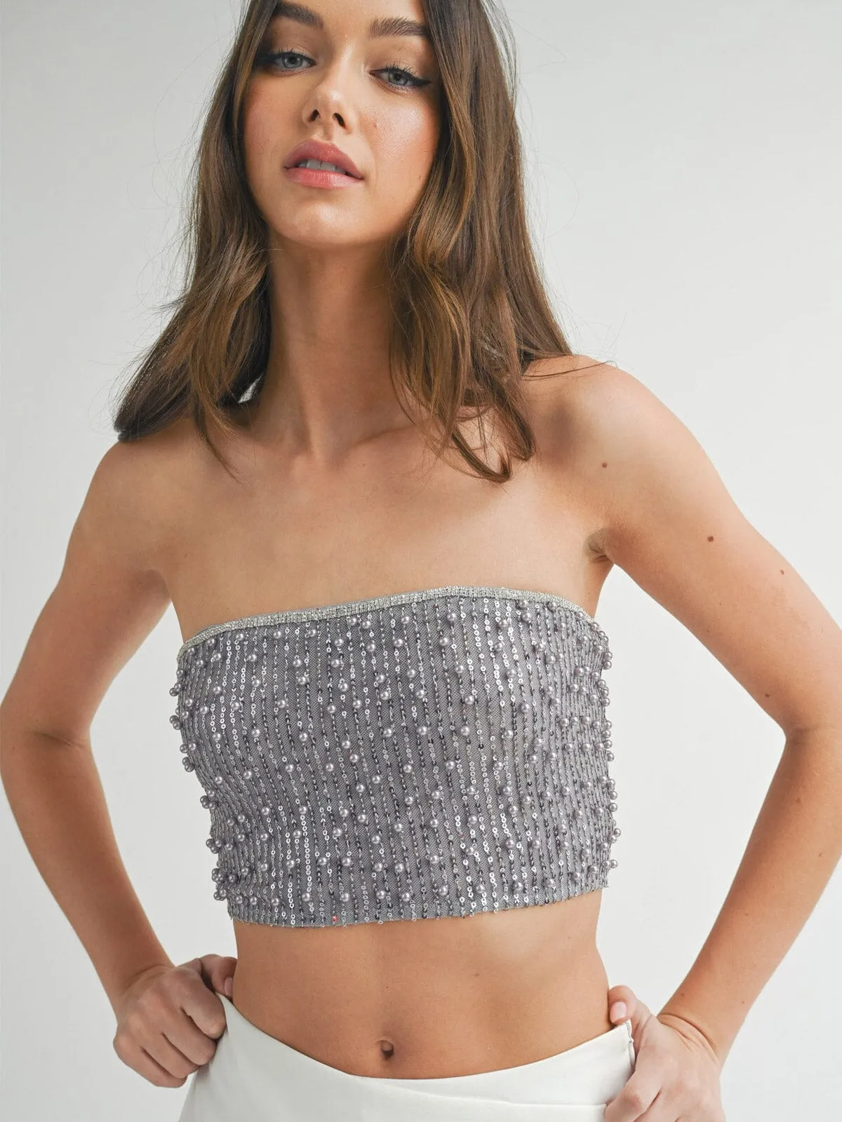 WOMEN'S SLEEVELESS SEQUINS PEARL TUBE CROP TOP