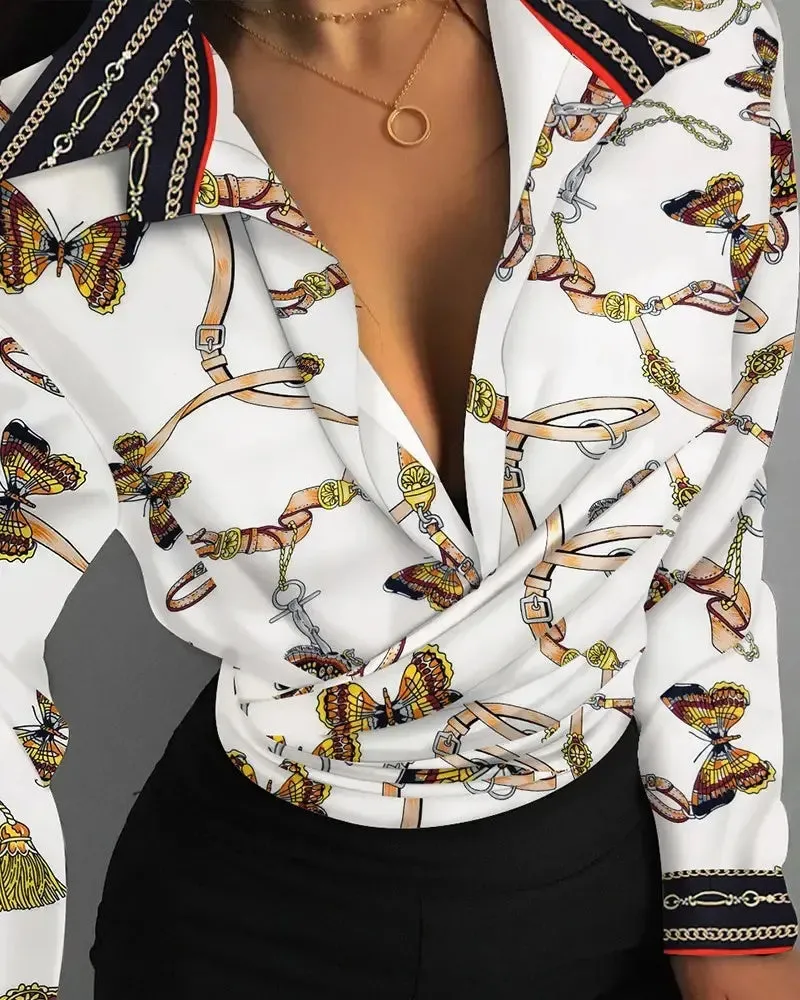 Xieyinshe - Butterfly Chain Print Long Sleeve Casual Shirt