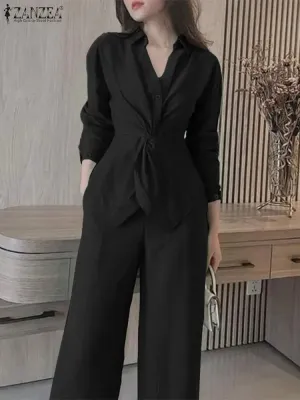 ZANZEA Lapel Neck Long Sleeve Blouse & Pant Suits Matching Sets Outfits