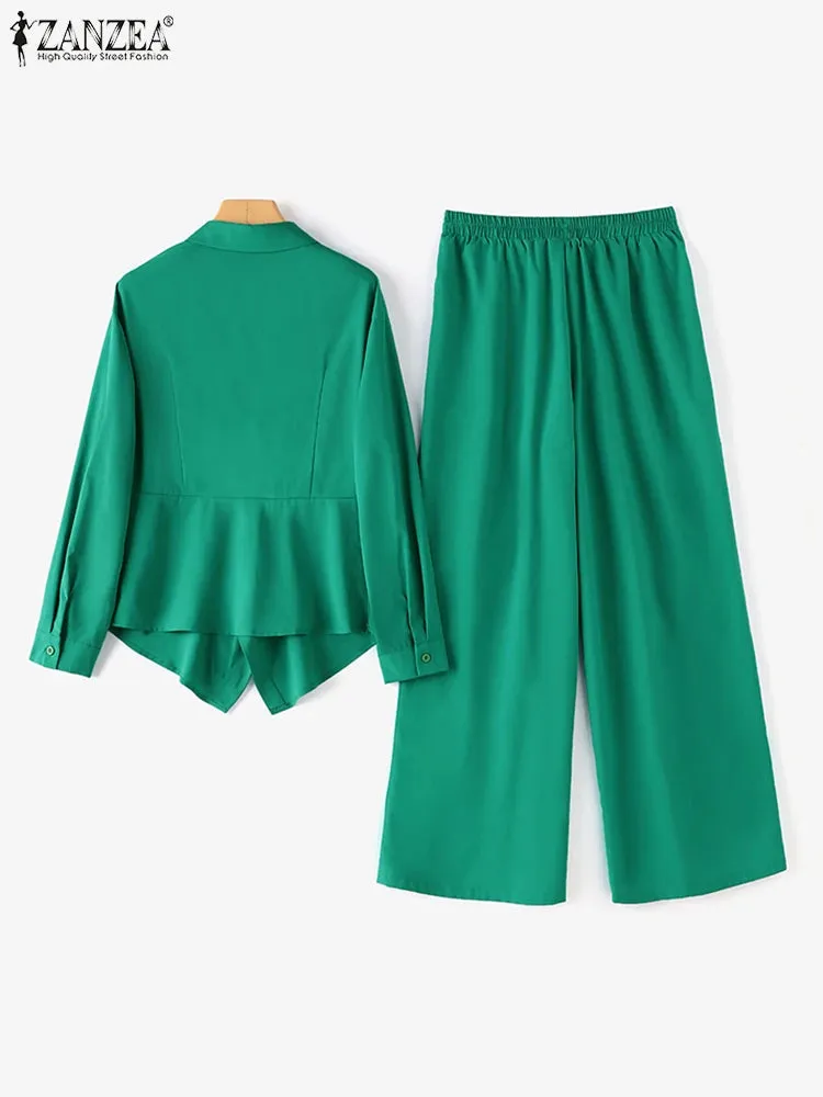 ZANZEA Lapel Neck Long Sleeve Blouse & Pant Suits Matching Sets Outfits
