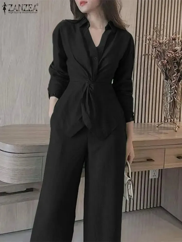 ZANZEA Lapel Neck Long Sleeve Blouse & Pant Suits Matching Sets Outfits