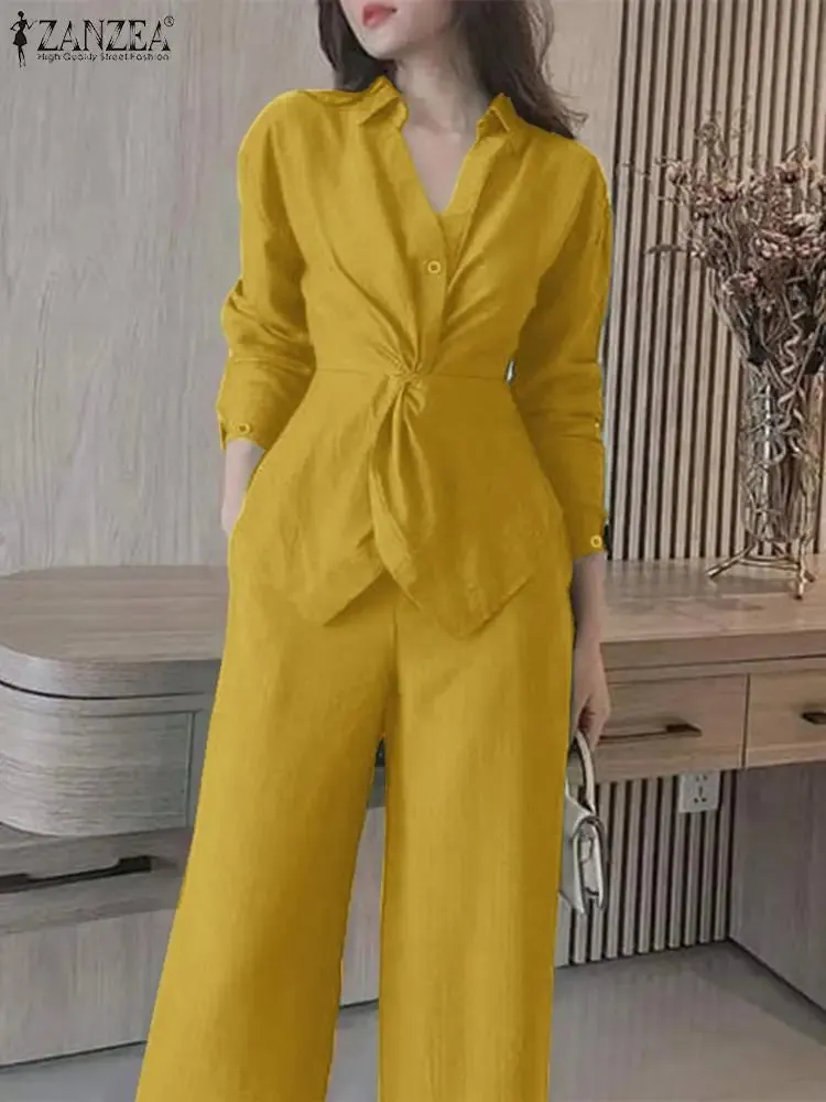 ZANZEA Lapel Neck Long Sleeve Blouse & Pant Suits Matching Sets Outfits