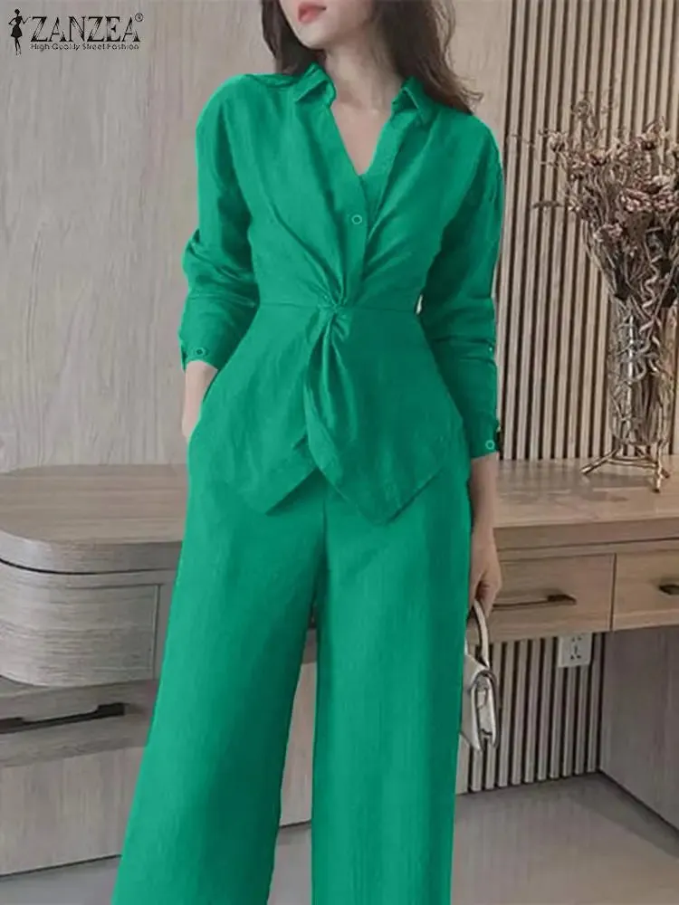 ZANZEA Lapel Neck Long Sleeve Blouse & Pant Suits Matching Sets Outfits