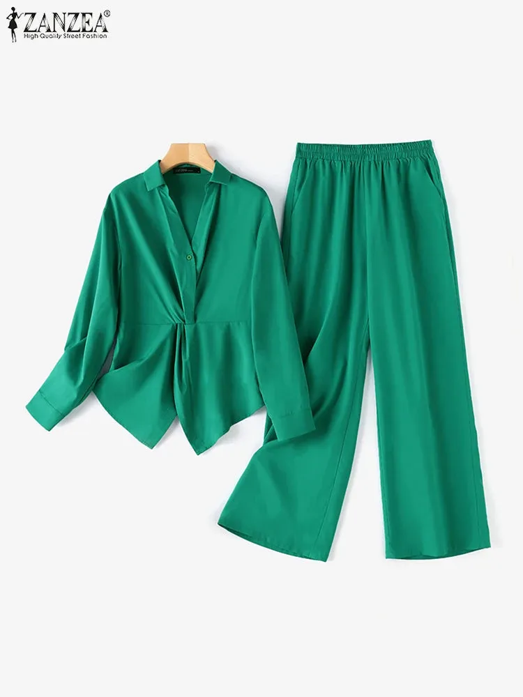 ZANZEA Lapel Neck Long Sleeve Blouse & Pant Suits Matching Sets Outfits