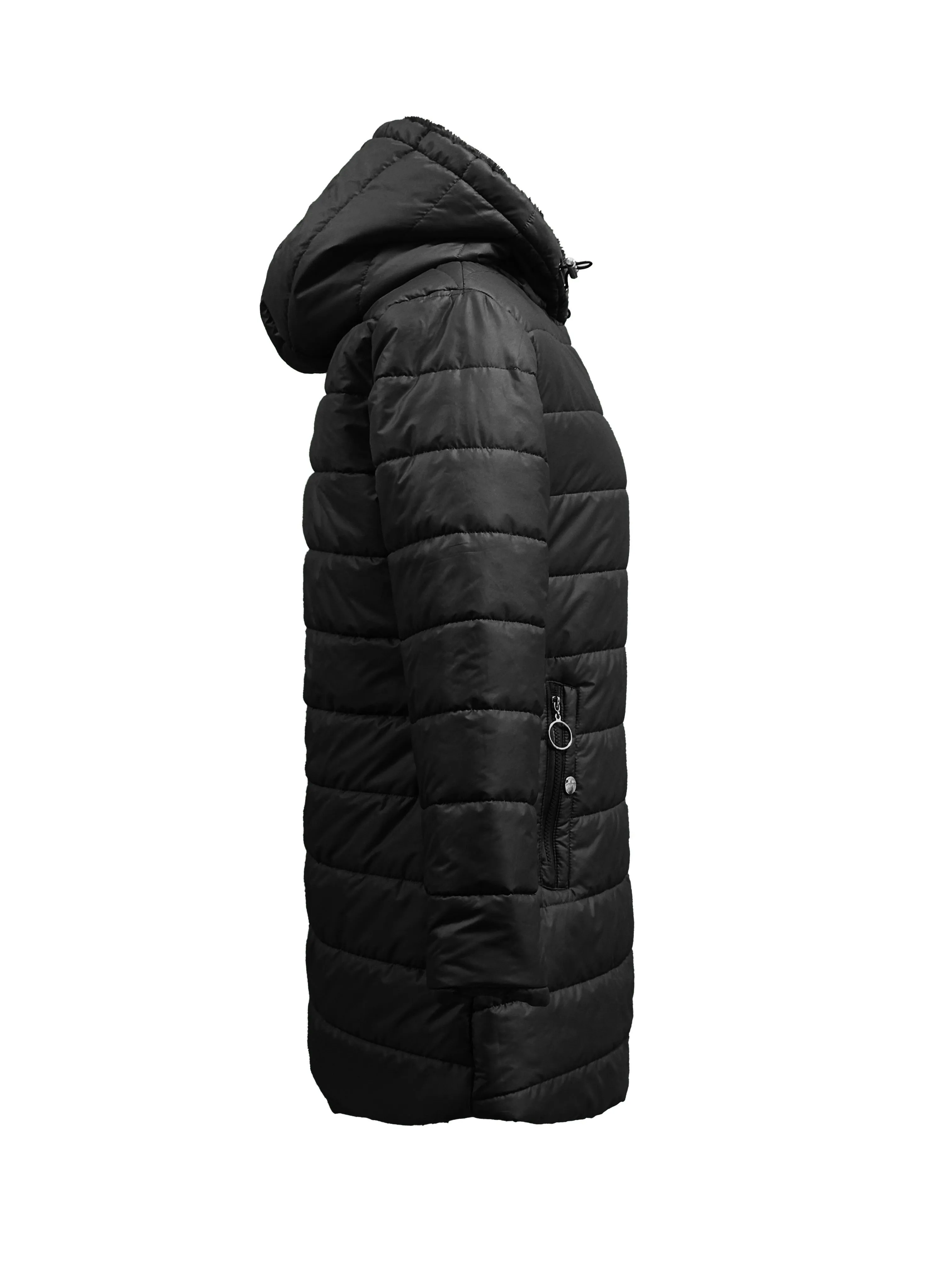 Zip-up Hoodie Longline Puffy Coat, Casual Long Sleeve Pockets Faux Fur Lined Warm Coat For Winter, Women's Clothing