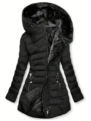 Zip-up Hoodie Longline Puffy Coat, Casual Long Sleeve Pockets Faux Fur Lined Warm Coat For Winter, Women's Clothing